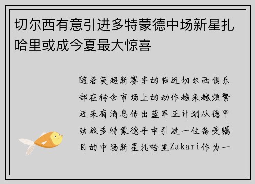切尔西有意引进多特蒙德中场新星扎哈里或成今夏最大惊喜